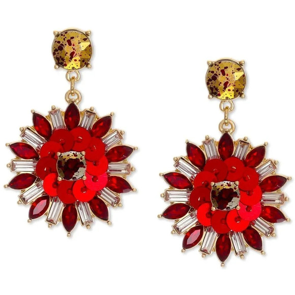 Inc International Concepts Gold-Tone Red Embellished Flower Drop Earring - Picture 1 of 2